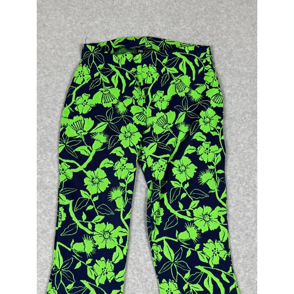 Zara Womens Size L Green Blue Jacquard Floral Print Flare Pull On Pants - Picture 6 of 9